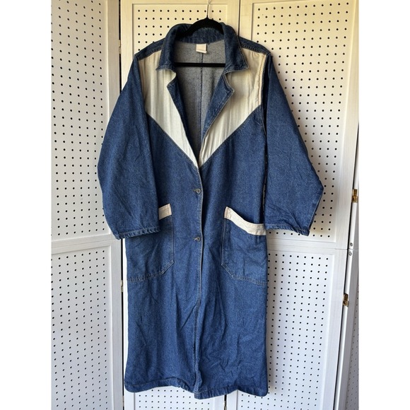 Bacca Sportswear Jackets & Blazers - VTG Bacca Sportswear Denim Trench Long Jacket Beige Trim Button Size Large